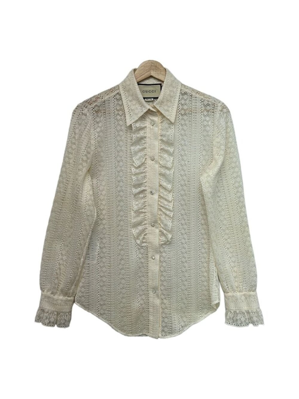 Gucci Long Sleeve Blouse S Beige Lace Frill Sheer